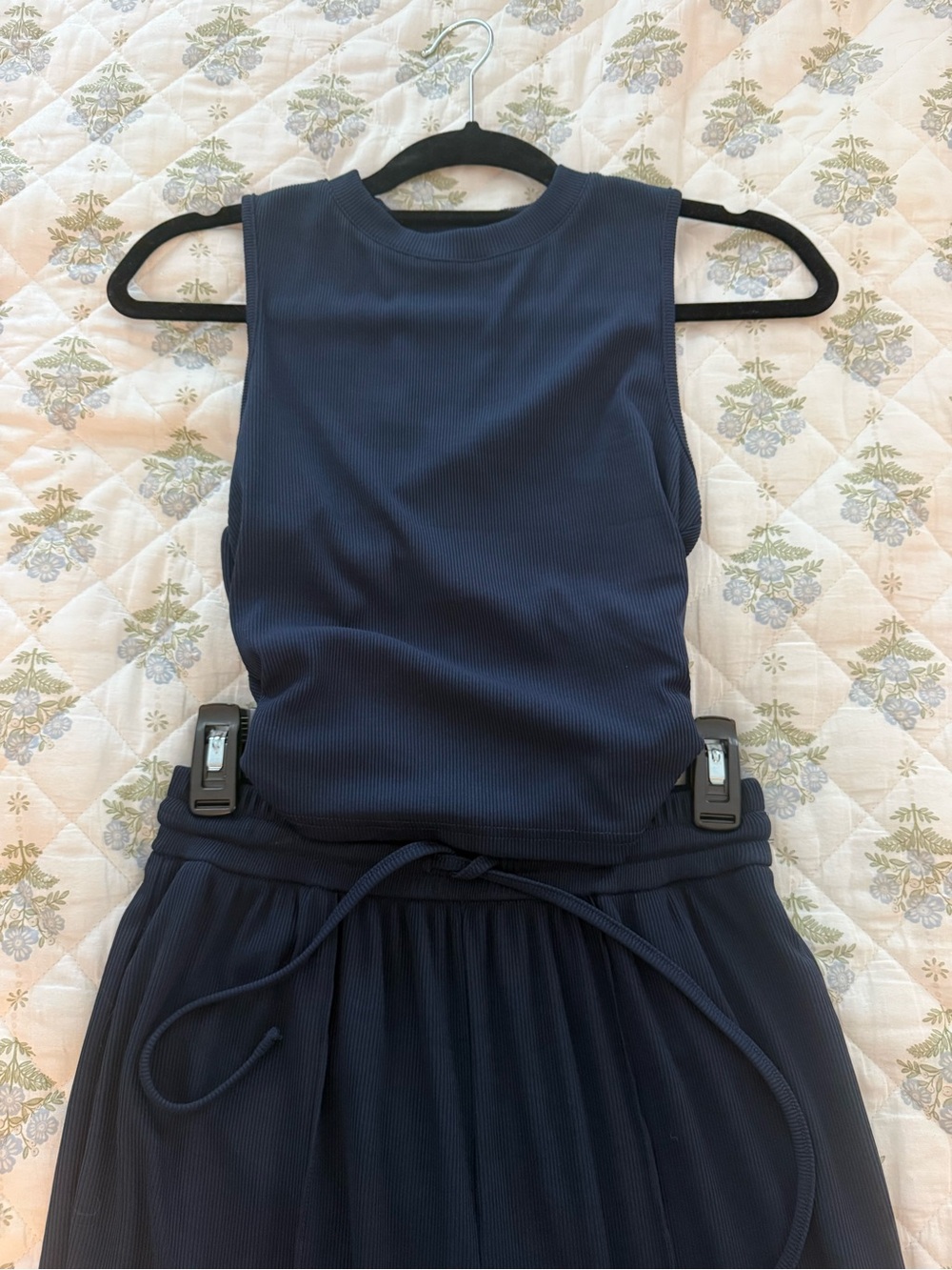 Navy Ribbed Lounge Set - Tank Top and Wide Leg Pant